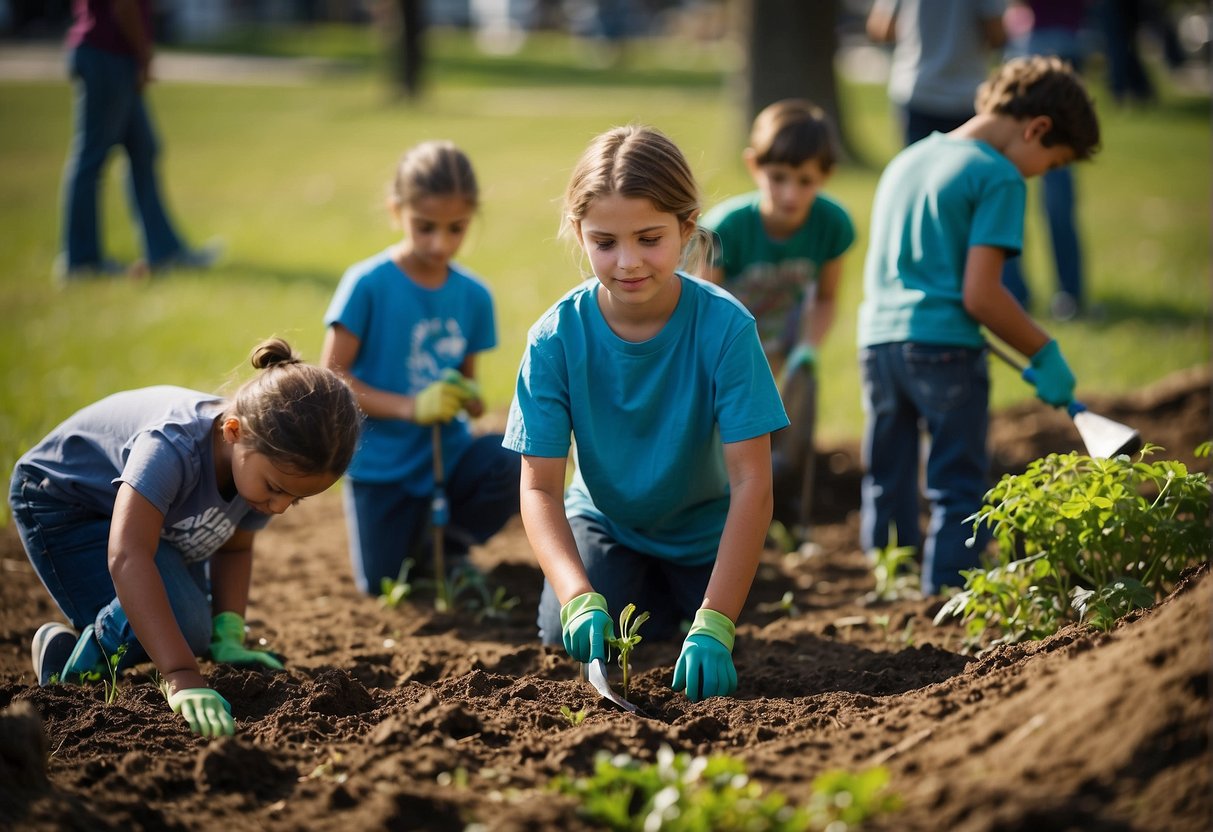 Children planting trees and cleaning up a local park for a 13th birthday celebration