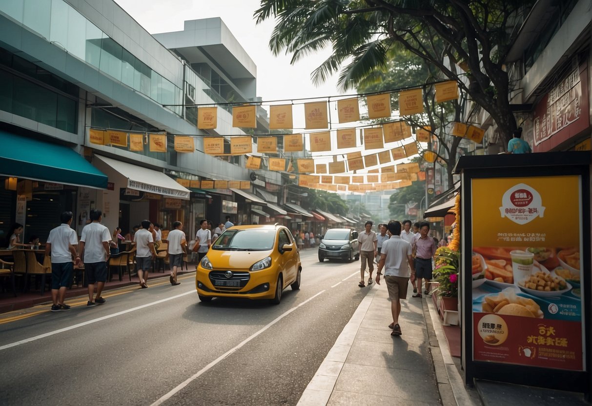 A bustling street in Singapore adorned with colorful banners and signs advertising limited time promotions for Reservation Rewards