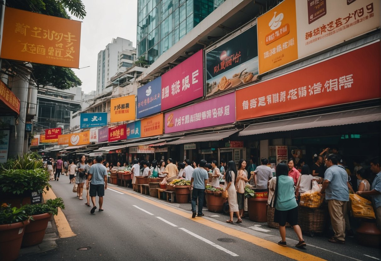 A bustling street in Singapore with colorful promotional banners and signs, showcasing limited time offers