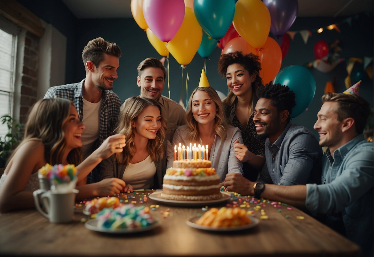 A group of friends gather around a table filled with colorful decorations and a birthday cake. Balloons and streamers adorn the room as they play games and open presents