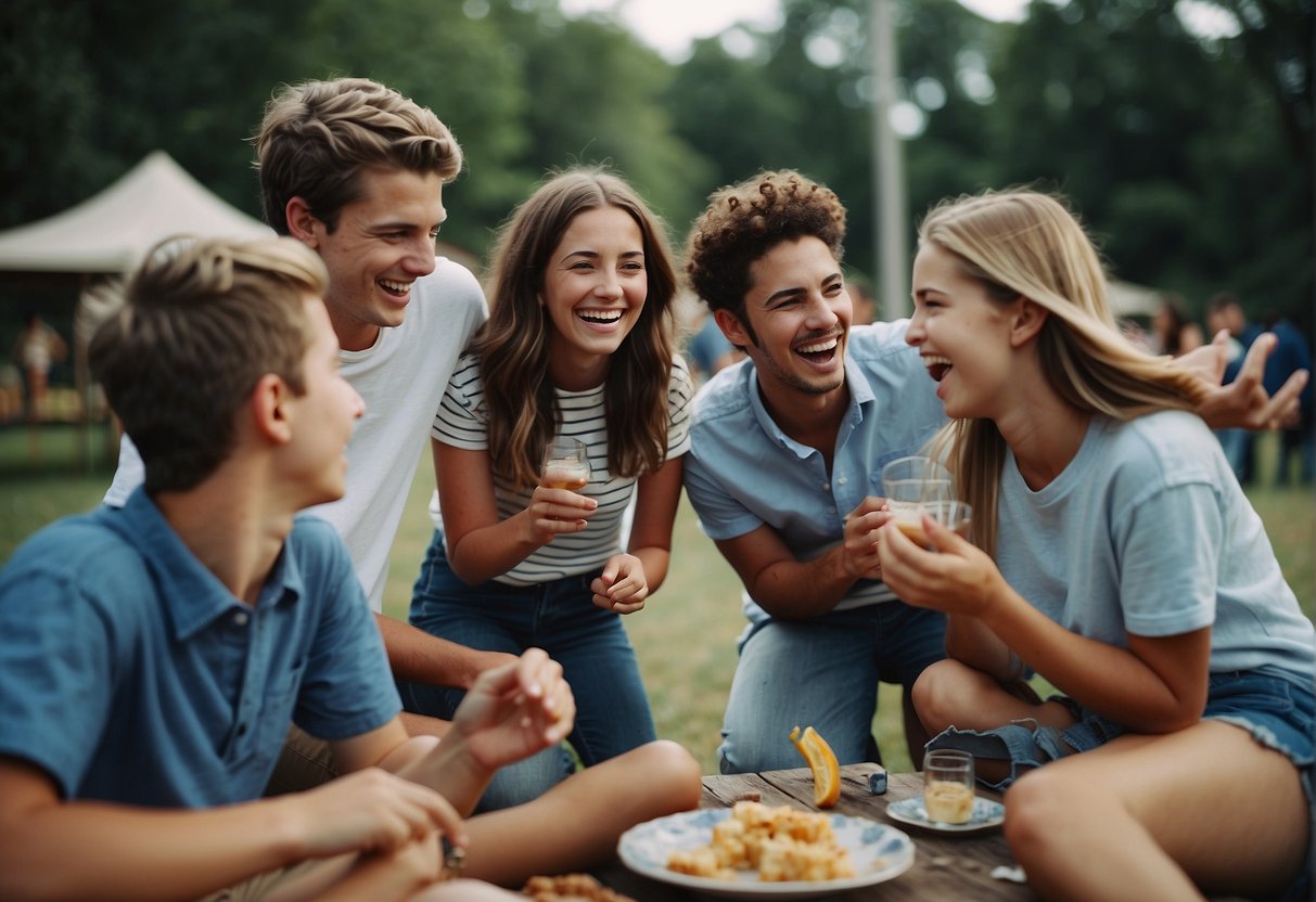 A group of friends playing outdoor games and laughing at a 14th birthday party