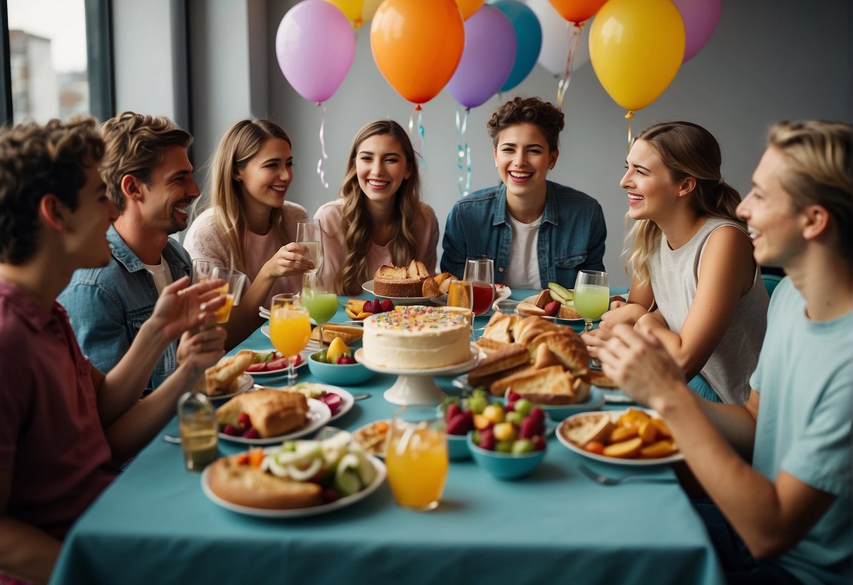 A colorful table set with various dishes and drinks, surrounded by happy teenagers chatting and laughing, with a birthday cake in the center