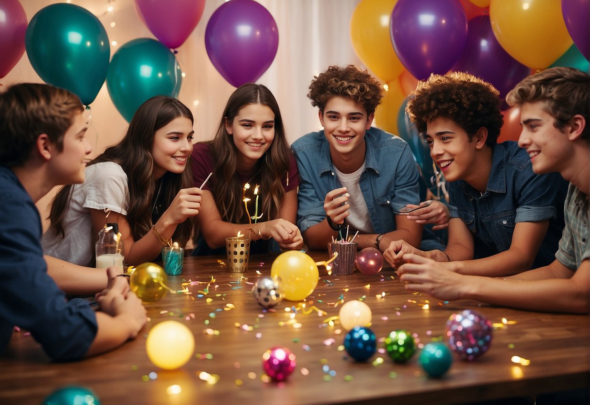 A group of teens brainstorming, surrounded by party decorations and activity ideas for a 15th birthday celebration