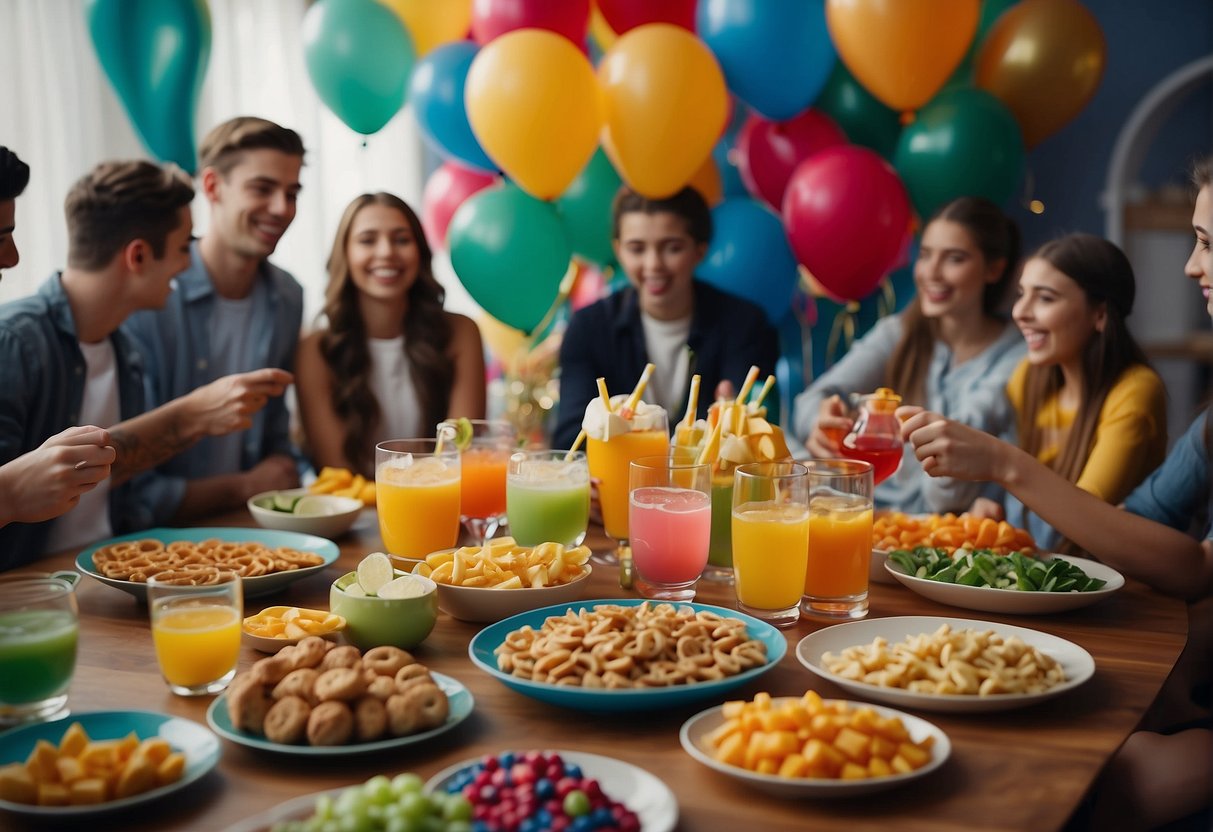 A table filled with colorful drinks and snacks, surrounded by happy teenagers chatting and laughing. Balloons and streamers adorn the room, creating a festive atmosphere for the 15th birthday celebration