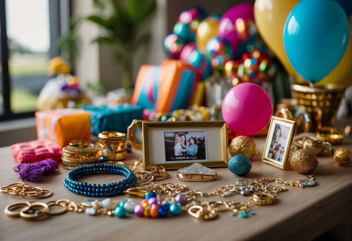 Colorful party favors and keepsakes scattered on a table, including personalized keychains, mini photo frames, and sparkly bracelets. A banner reading "15th Birthday Activities" hangs in the background