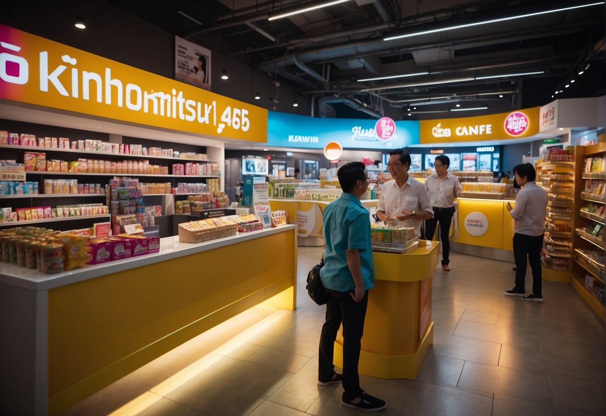 Brightly lit Kinohimitsu promotions in Singapore with colorful product displays and enthusiastic staff engaging with customers
