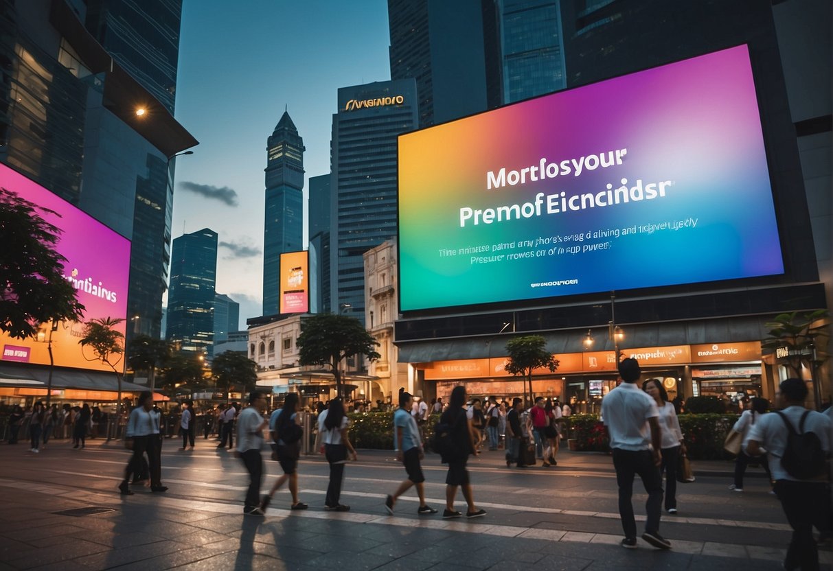 Colorful banners and billboards advertise iTunes promotions in bustling Singapore streets