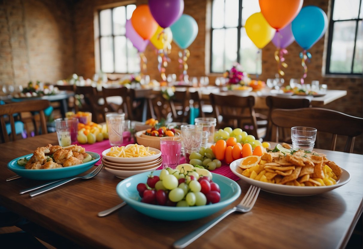 A table set with colorful plates, glasses, and a variety of food and drinks. Streamers and balloons decorate the room, creating a festive atmosphere for a 16th birthday celebration