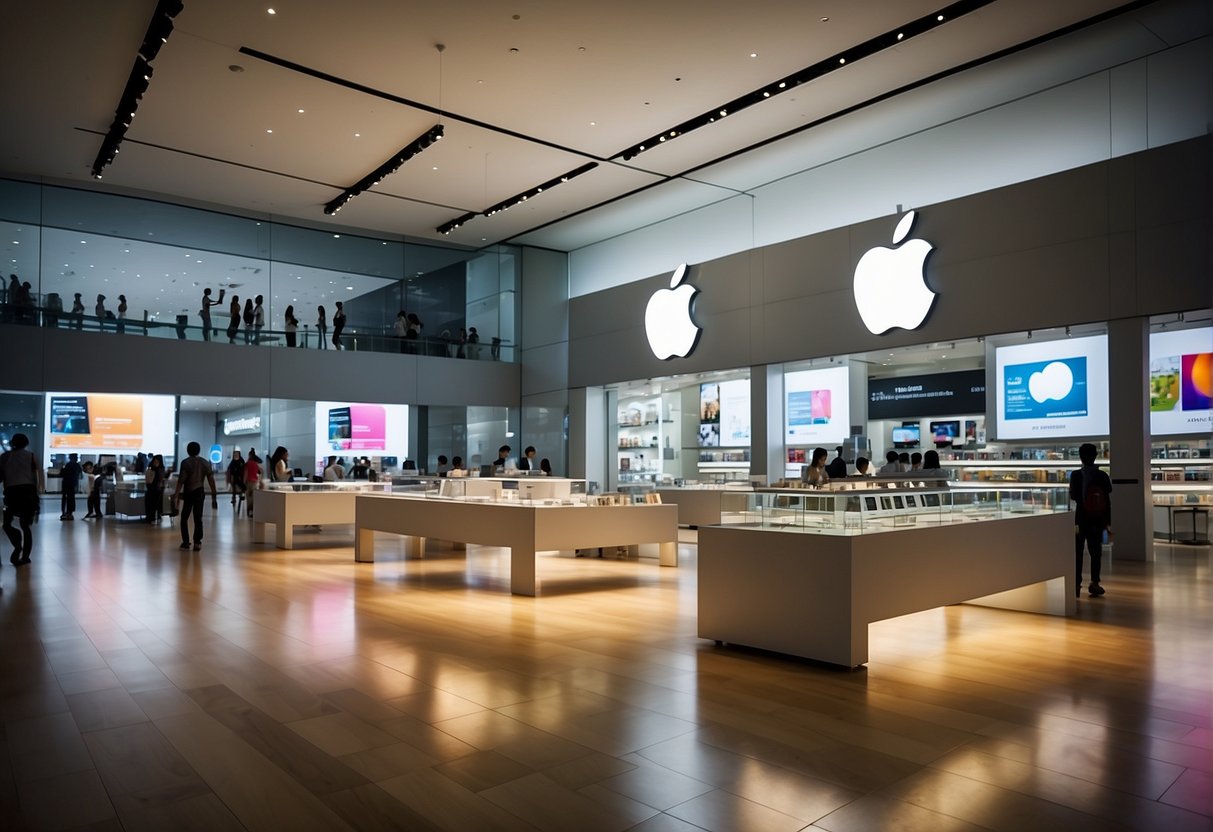 Brightly lit Apple store with large promotional banners for iTunes deals in Singapore. Customers browsing, staff assisting