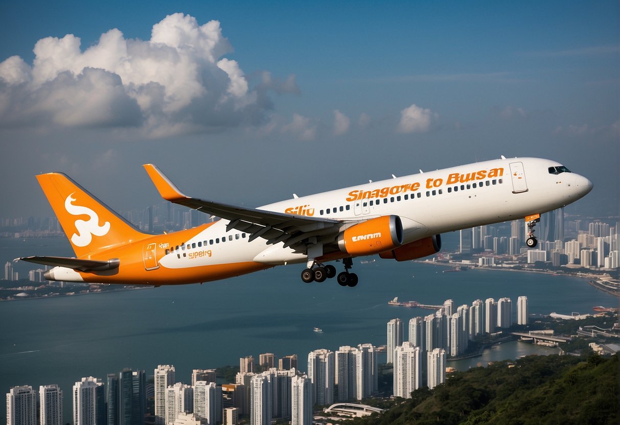 A Jeju Air plane flying over the Singapore skyline, with a prominent "Singapore to Busan promotions" banner displayed on the aircraft's exterior