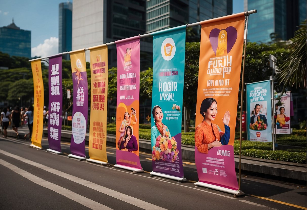 A festive display of bold, colorful banners and posters promoting International Women's Day in Singapore. Decorative symbols and empowering messages adorn the scene