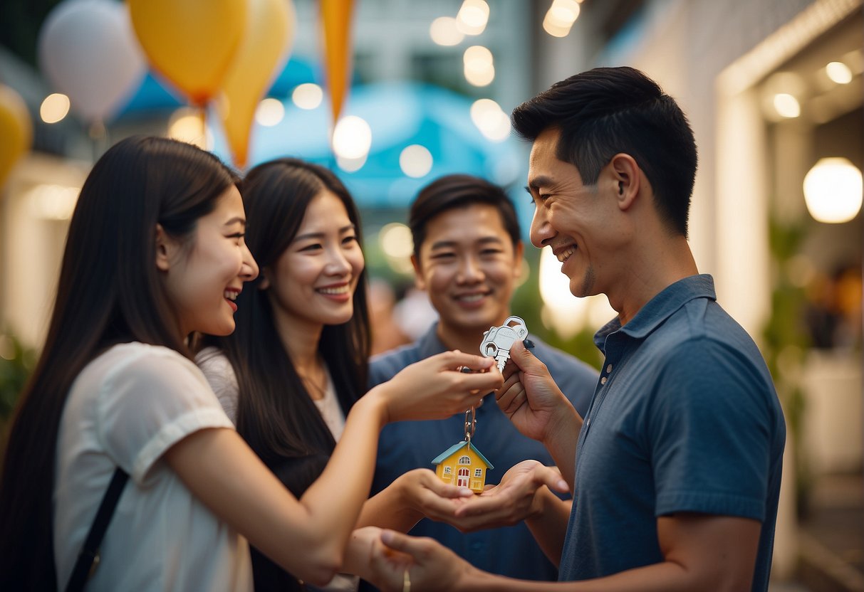 A family happily receives keys to their new home, surrounded by banners and signs advertising housing loan promotions in Singapore