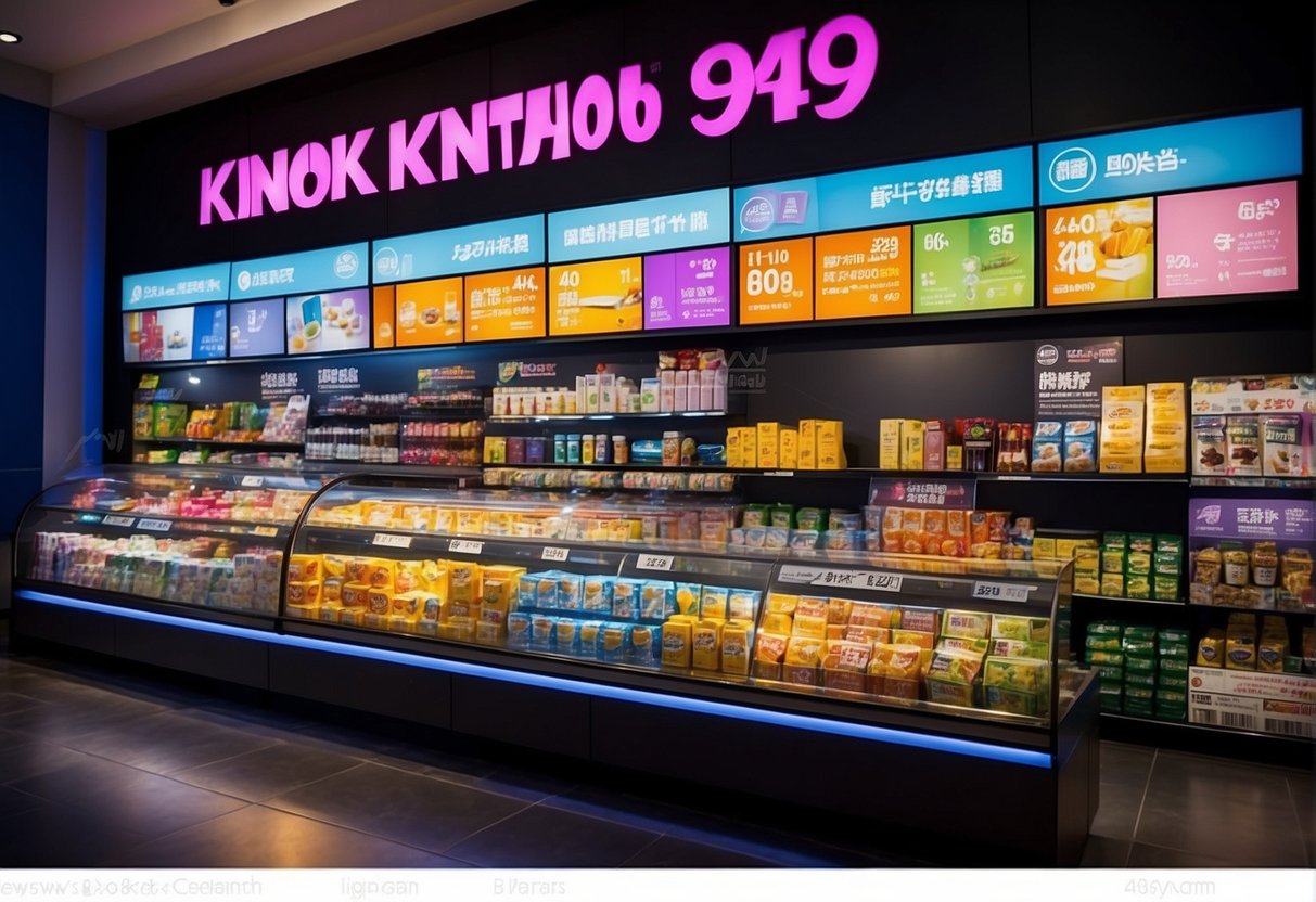 A colorful display of Kinohimitsu products with promotional signage and discounts. Bright lights and attractive packaging draw in customers