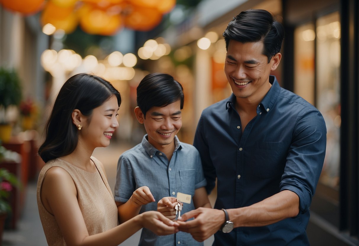 A family happily receives a set of keys from a banker, surrounded by banners and posters advertising home loan promotions in Singapore