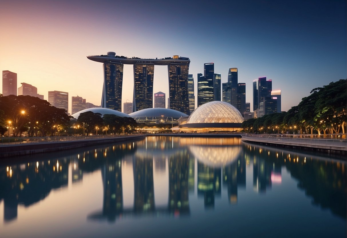 A vibrant cityscape with iconic Singapore landmarks in the background, showcasing Apple products and services with prominent iTunes promotions