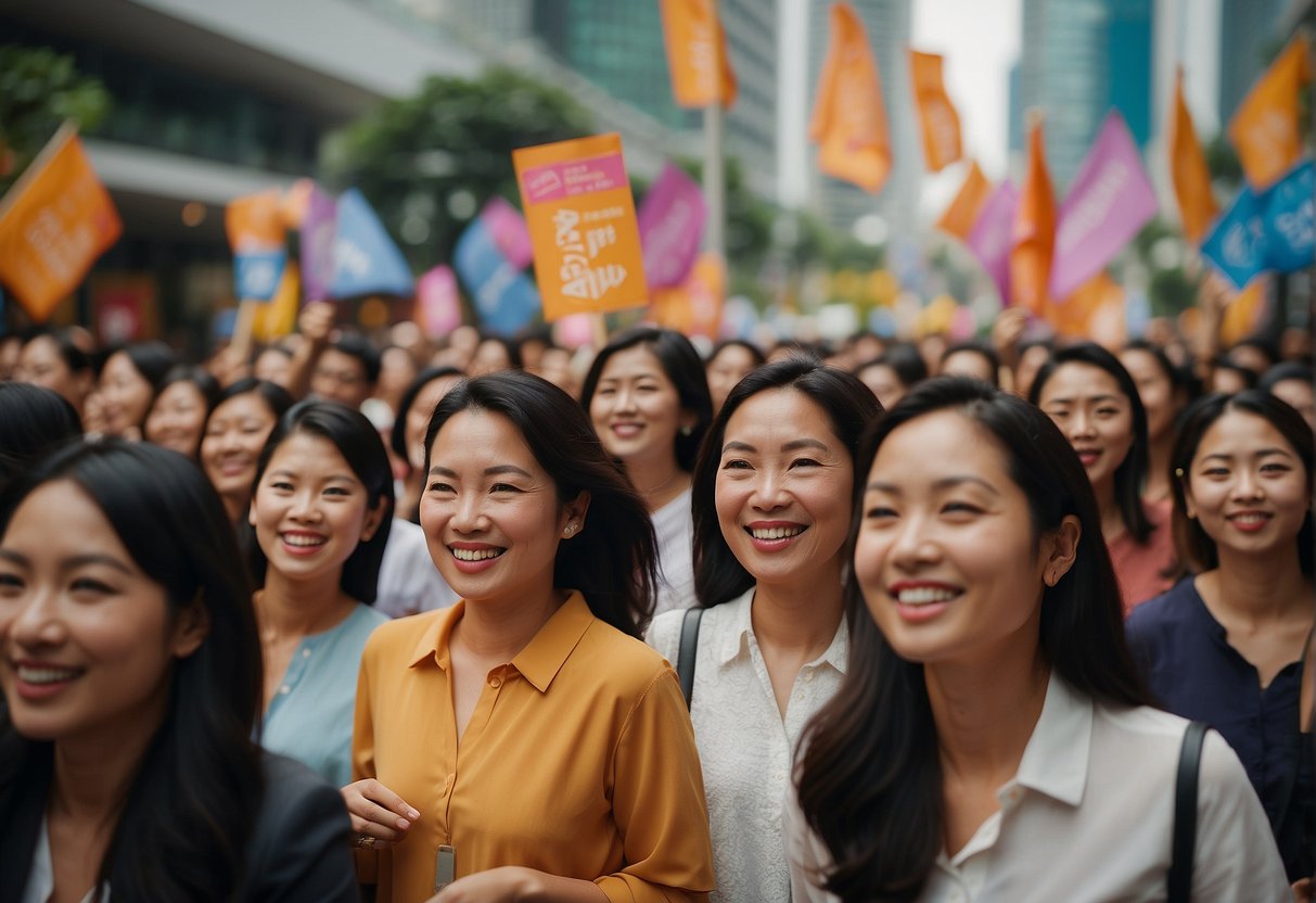 A group of diverse women celebrating International Women's Day, surrounded by promotional banners and signs, in Singapore