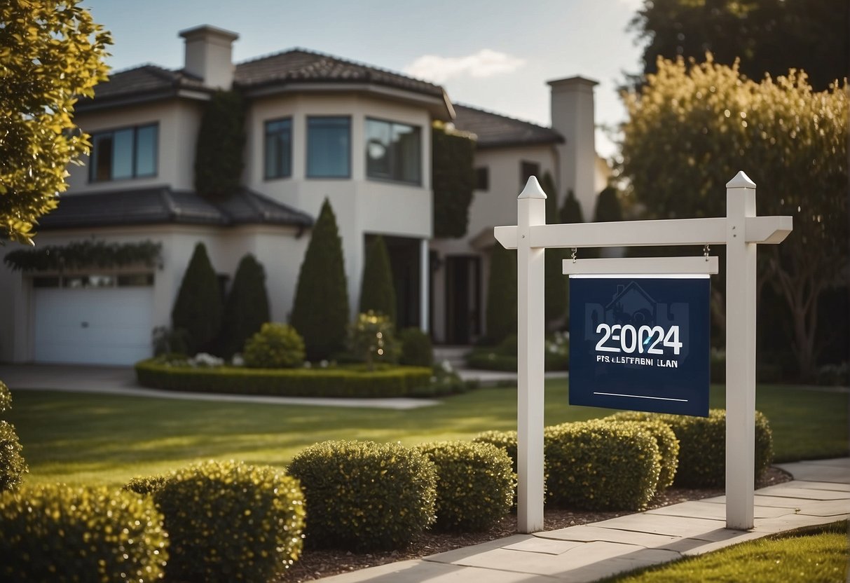 A luxurious house with a "2024 Home Loan Offers" banner displayed prominently in the front yard, surrounded by well-manicured gardens and a sleek, modern exterior
