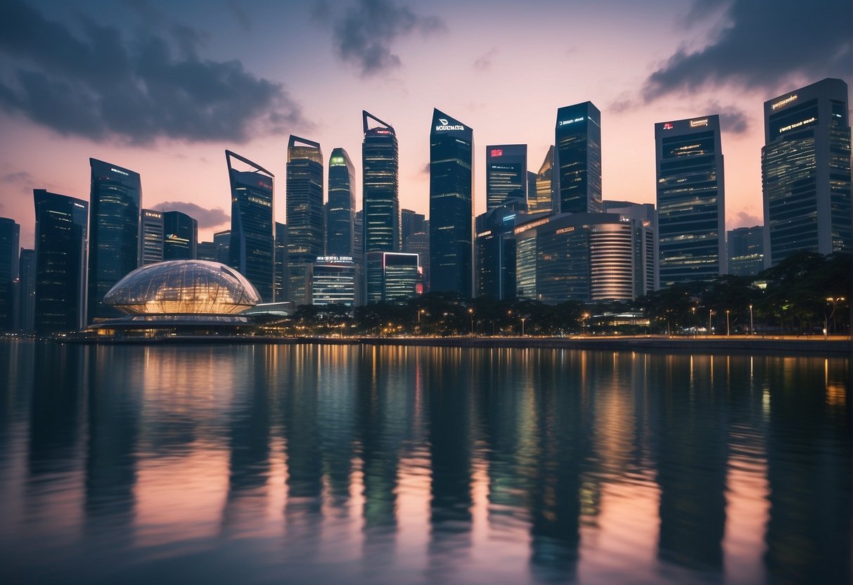 A modern skyline of Singapore with prominent bank logos and "2024 Home Loan Promotions" banners displayed on tall buildings