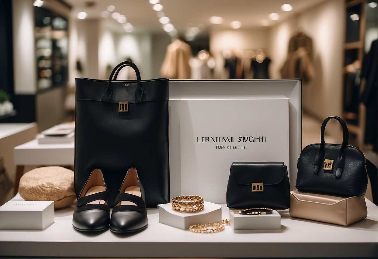 A group of stylish fashion items arranged with the International Women's Day promotion signage in a chic Singaporean boutique