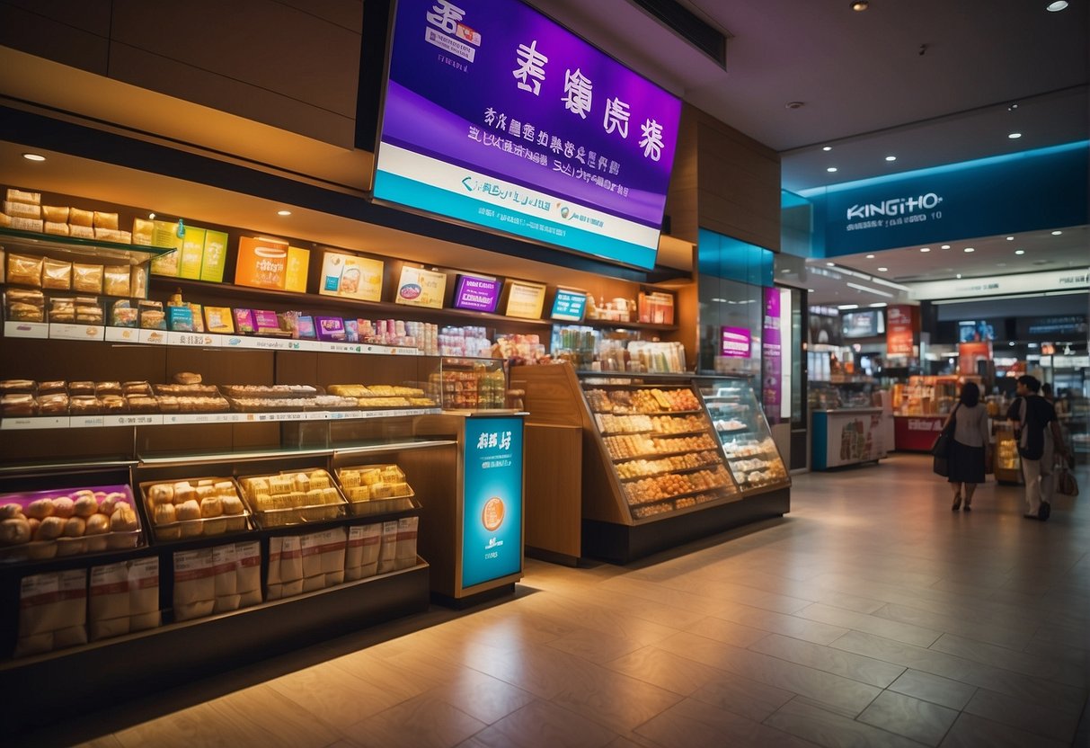 A vibrant display of Kinohimitsu products with promotional signs in a bustling Singapore setting