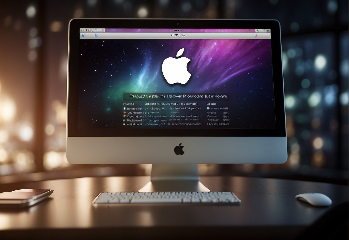 A computer screen displaying "Frequently Asked Questions iTunes Promotions Singapore" with the iTunes logo in the background