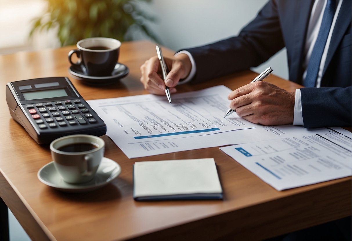A table with documents (ID, income proof) and a checklist. A bank officer assists a customer