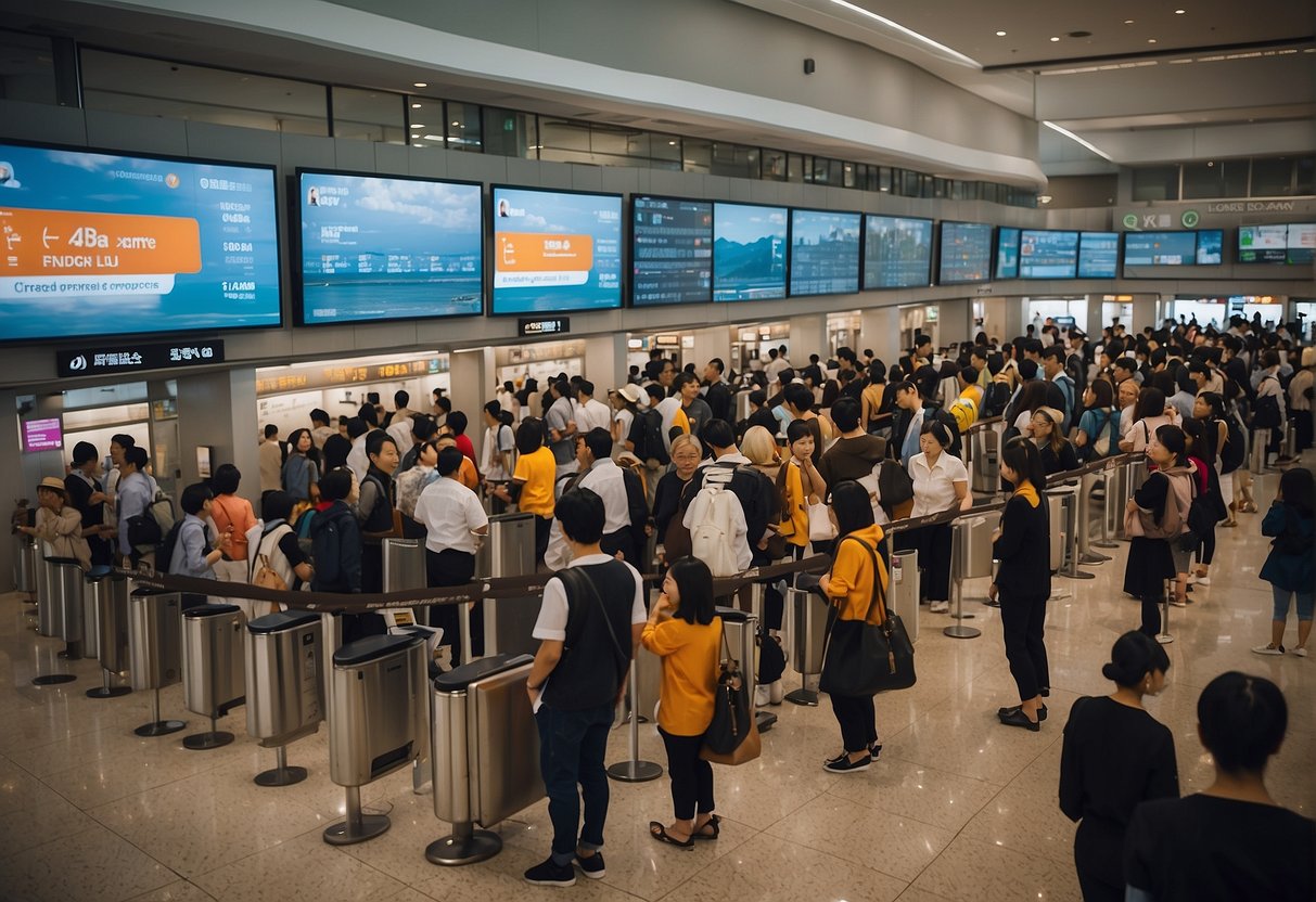 A bustling airport terminal with Jeju Air Singapore to Busan promotions displayed on digital screens, while travelers queue at booking counters