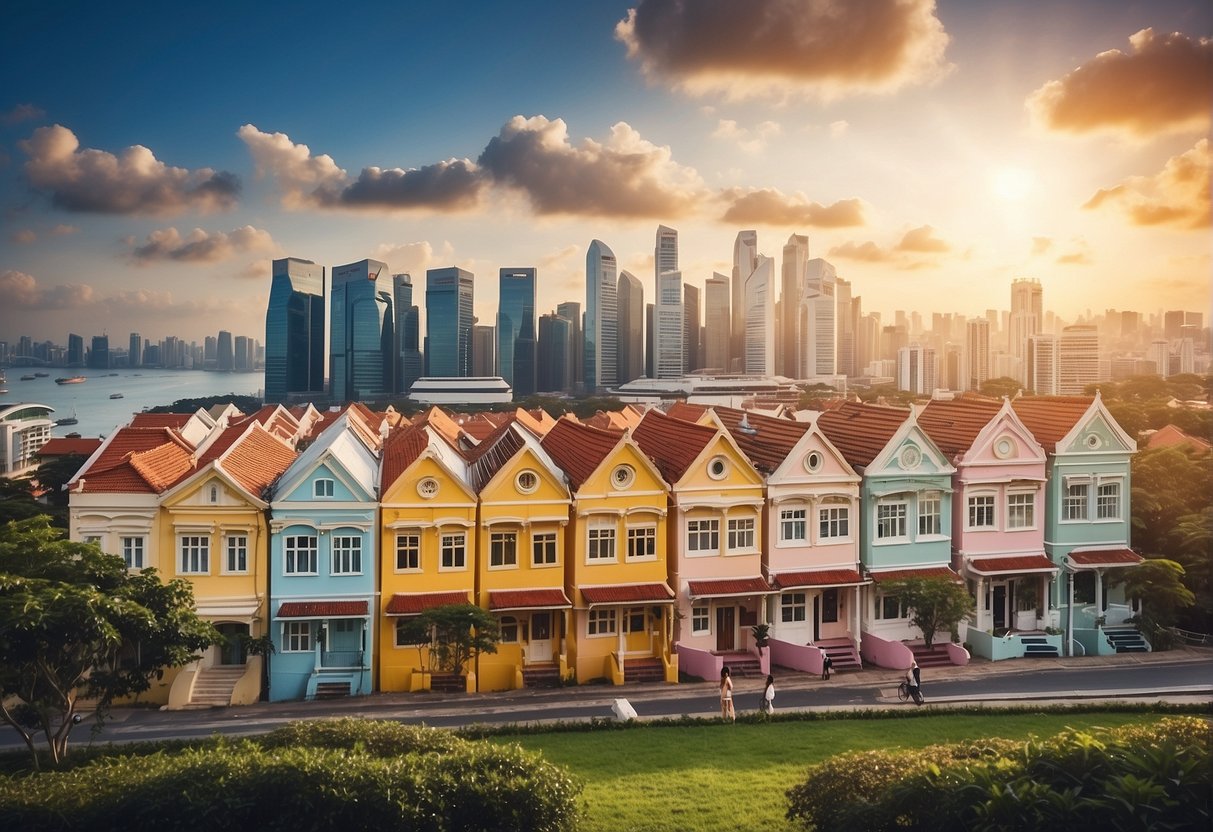 A group of houses with "Refinancing Bonanza" banners. Singapore skyline in the background. Bright colors and happy families