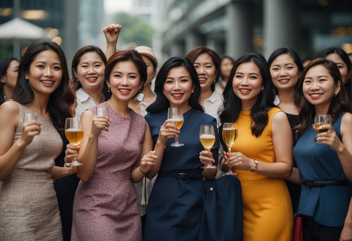 A group of diverse women celebrating International Women's Day in Singapore with promotional materials and banners