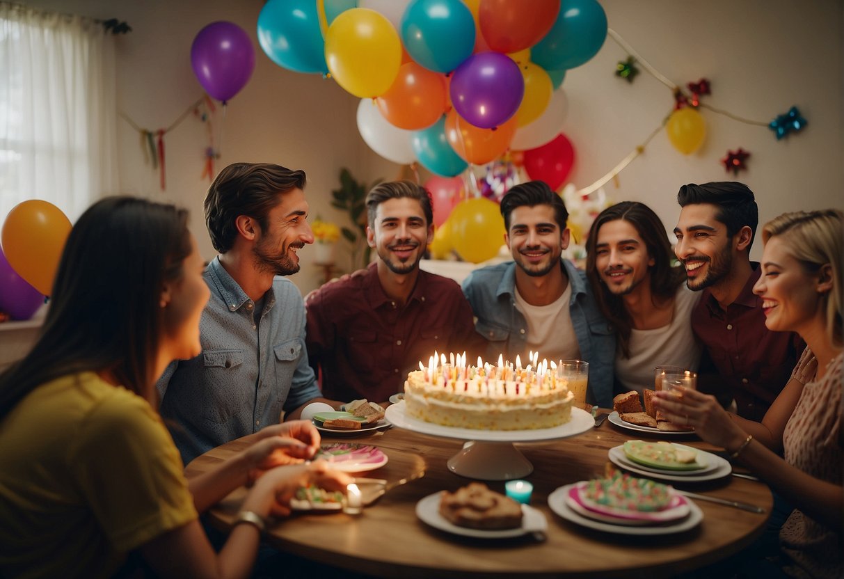 A group of friends gathered around a table covered in colorful decorations, presents, and a birthday cake with 16 candles. Laughter and smiles fill the room as they celebrate the special occasion