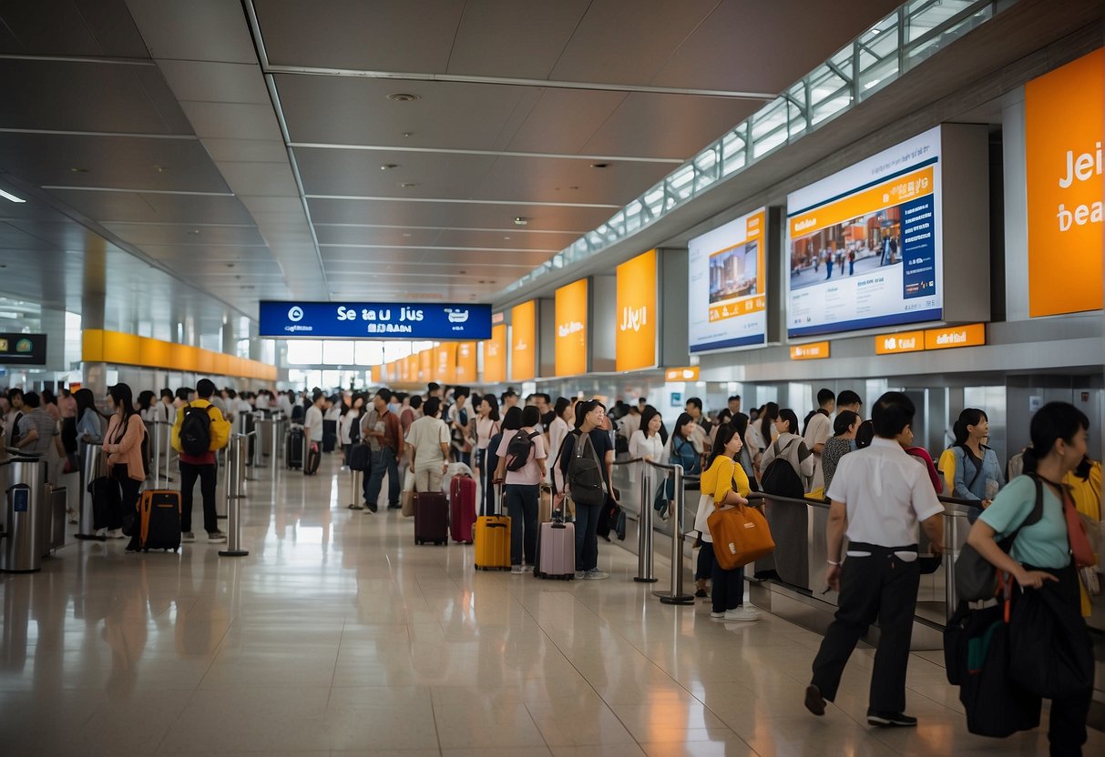 A crowded airport terminal with a large promotional banner for Jeju Air's Singapore to Busan promotions displayed prominently. People lining up at the check-in counters and browsing through travel brochures