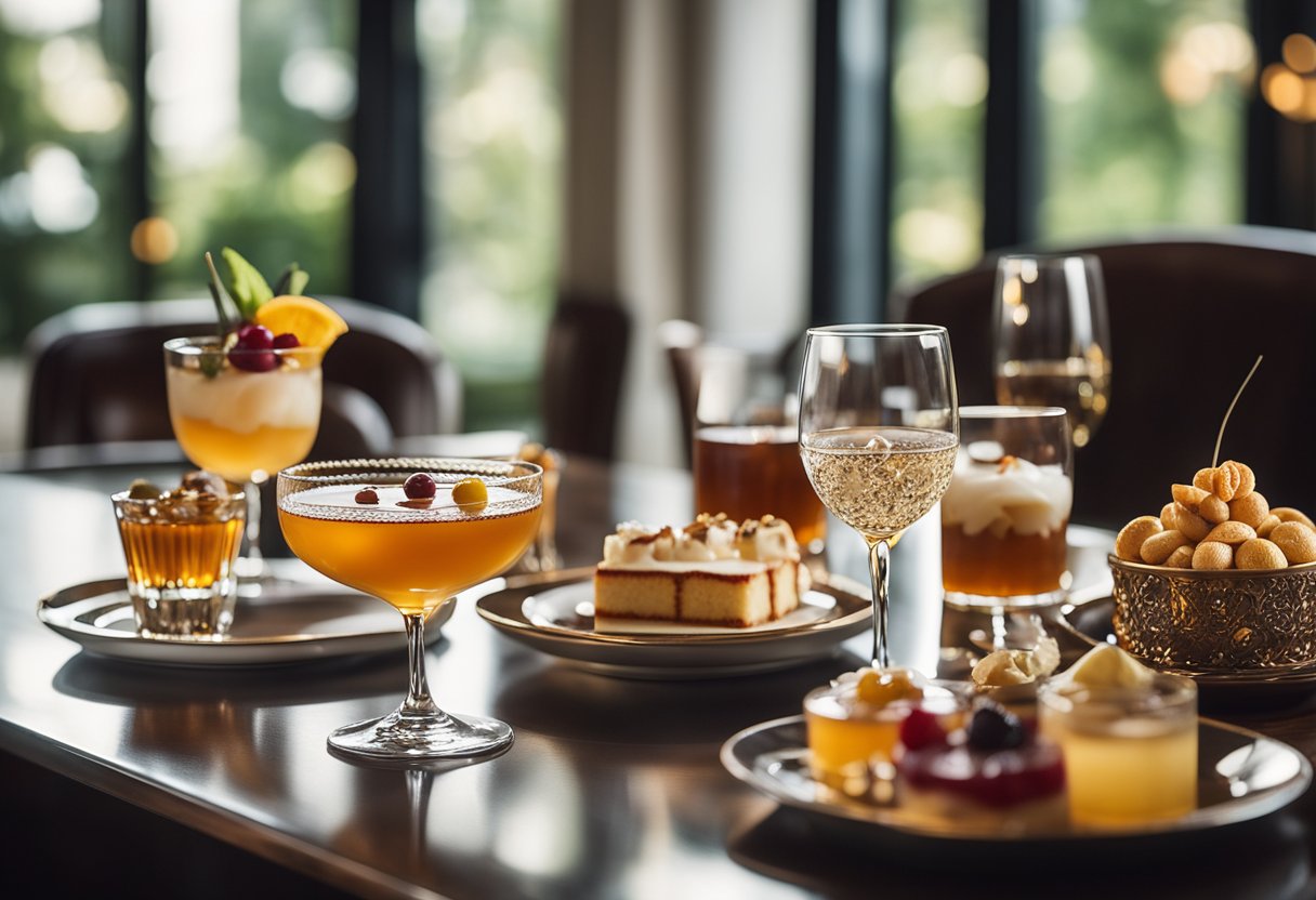 A table set with a variety of bourbon cocktails and dessert pairings, with elegant glassware and beautifully plated sweets