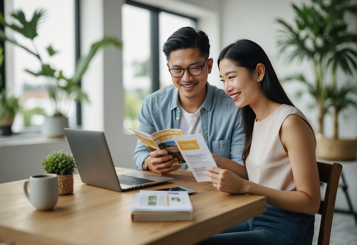 A couple sitting at a table reviewing home loan promotions brochures in Singapore. The room is bright and airy, with a laptop and calculator on the table