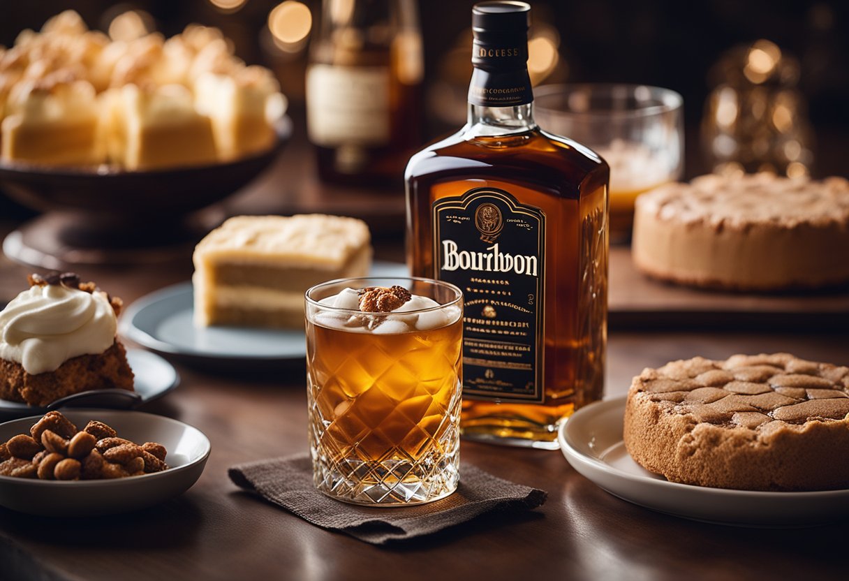 A bottle of bourbon sits next to a decadent dessert, with a cocktail glass filled with a bourbon cocktail placed nearby. The warm, inviting colors of the bourbon and dessert create a cozy and indulgent atmosphere