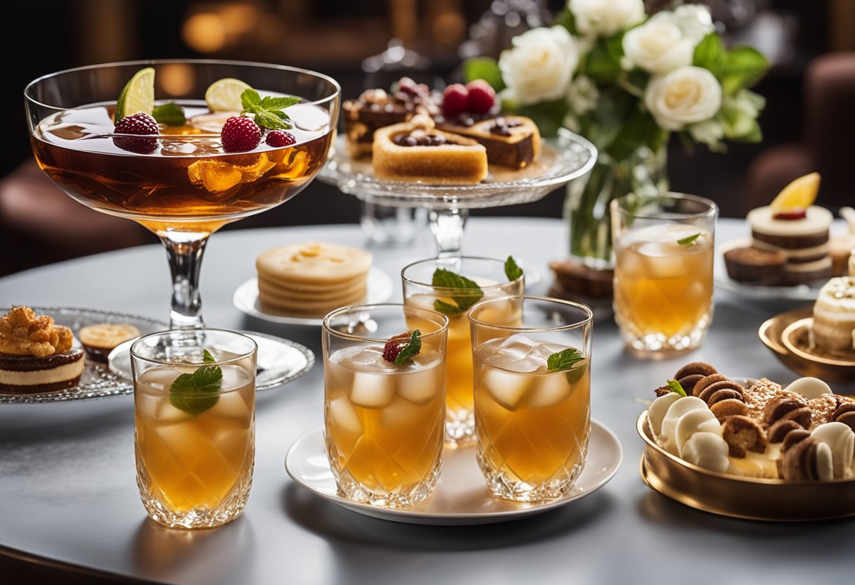 A table set with a variety of classic bourbon cocktails and decadent desserts, with elegant glassware and intricate garnishes, creating a visually appealing and appetizing display