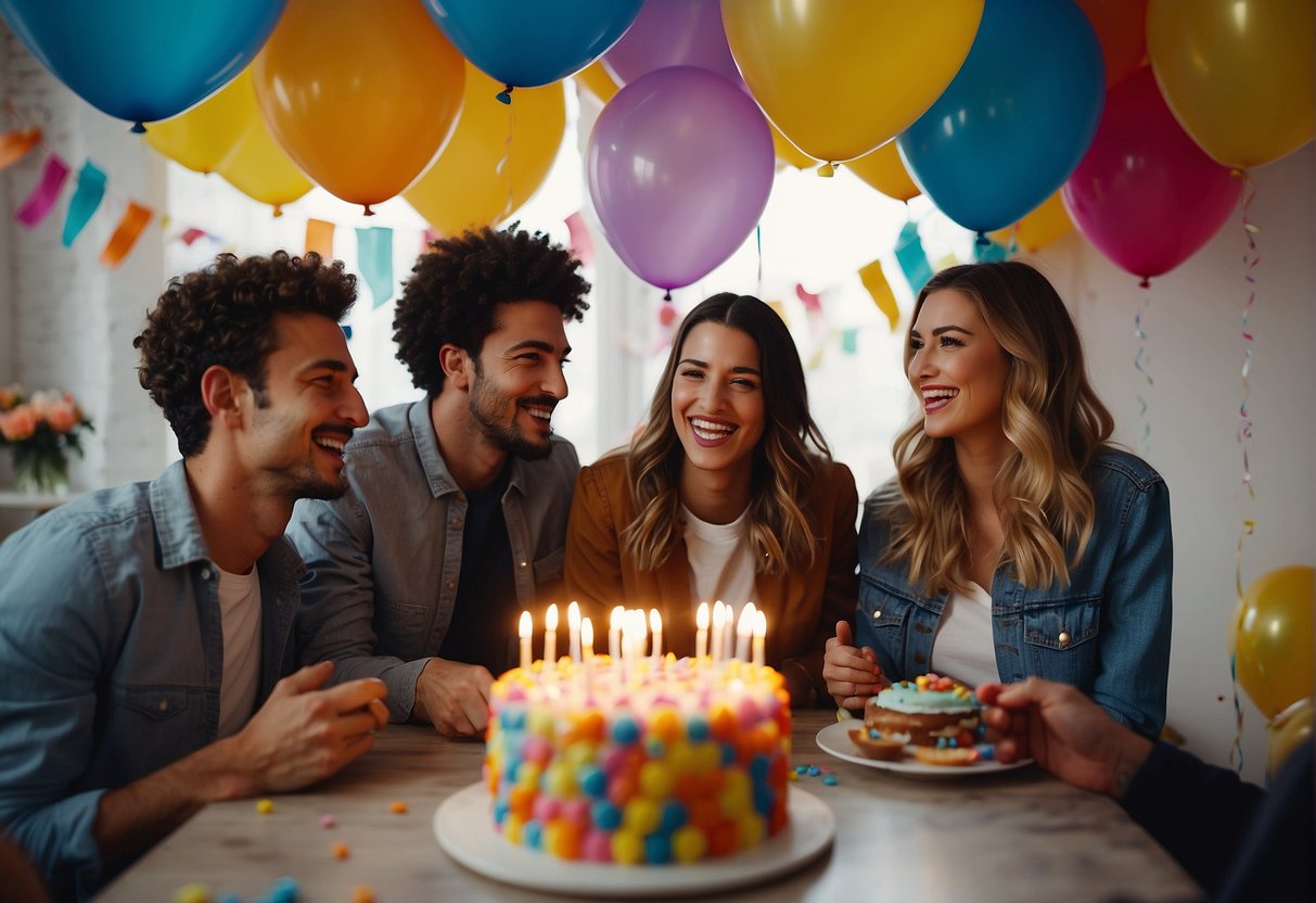 A group of friends gather around a table filled with colorful decorations and a birthday cake. Balloons and streamers adorn the room as they laugh and celebrate