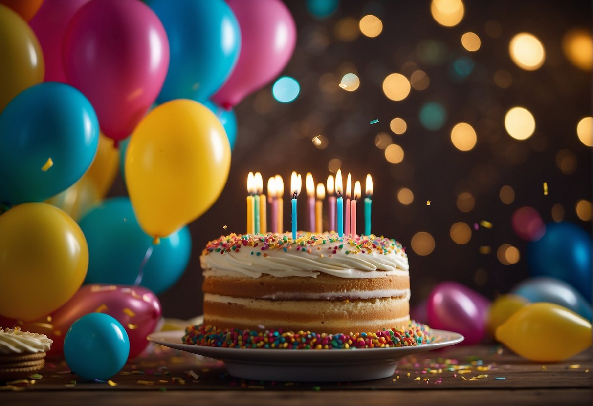 A group of colorful balloons and confetti fill the air, while a large "17" birthday cake takes center stage. Streamers and party hats add to the festive atmosphere