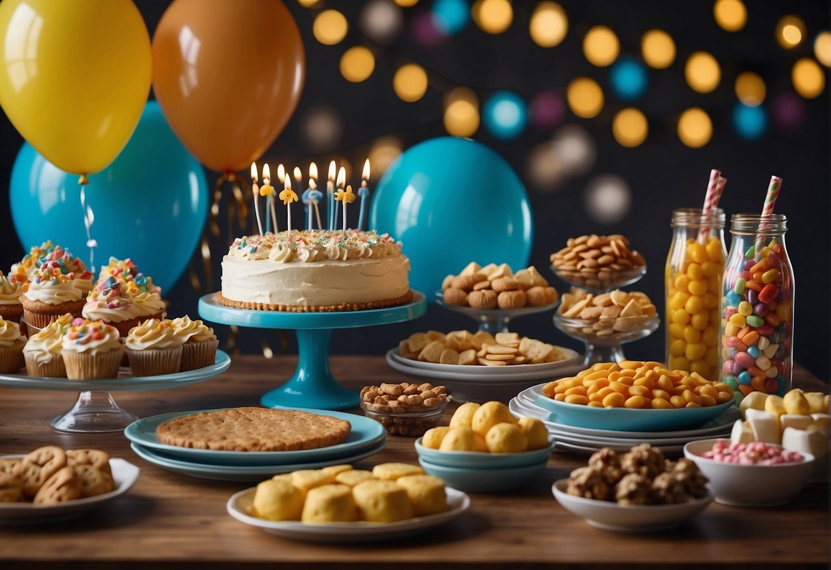 Colorful birthday treats and snacks spread out on a table, surrounded by festive decorations and balloons. Gifts and party favors are arranged nearby