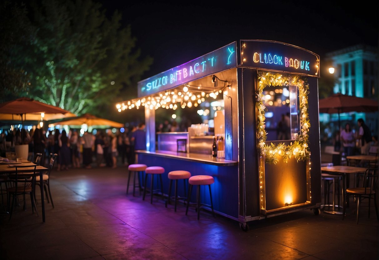 A vibrant, outdoor venue with colorful decorations and interactive activities, such as a photo booth, live music, and food trucks