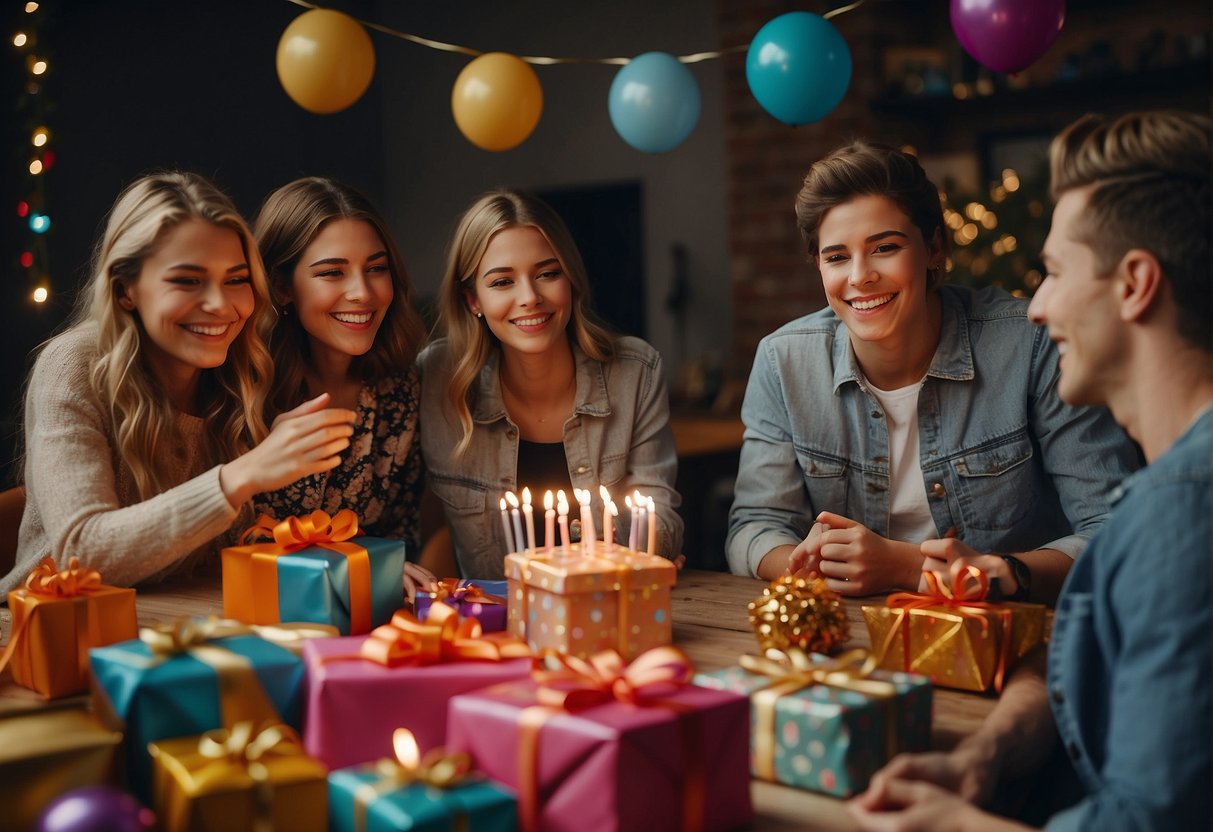 A group of friends gathered around a table covered in colorful decorations and presents, celebrating a young person's 18th birthday with laughter and joy