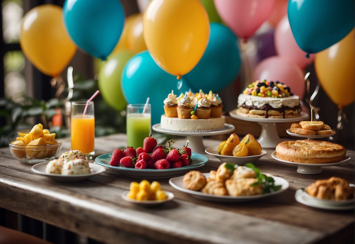 Colorful array of food and drinks displayed on a table, with birthday decorations and balloons in the background