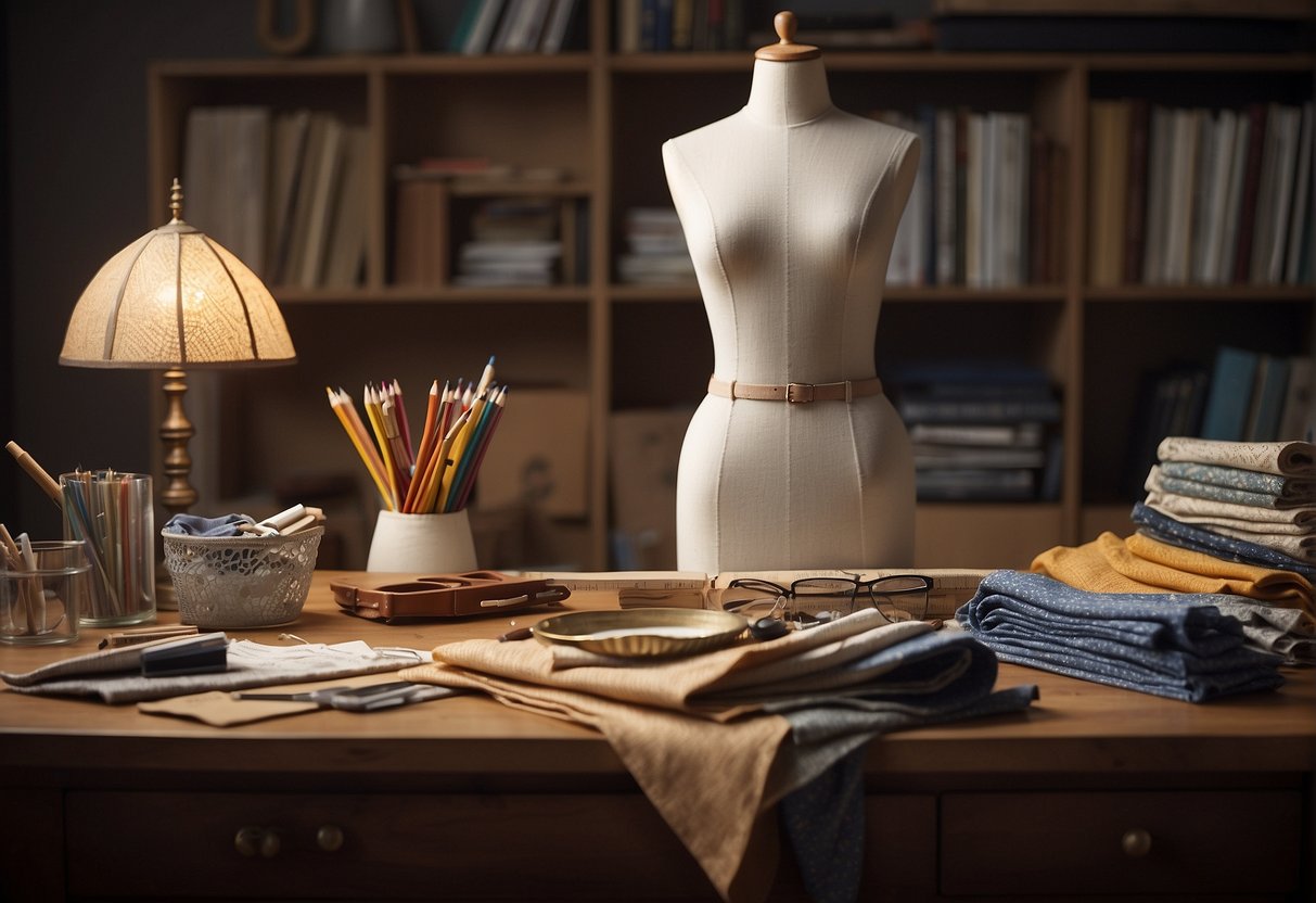 A cluttered work desk with pencils, rulers, and fabric swatches. A mannequin stands in the corner, draped with a half-finished garment