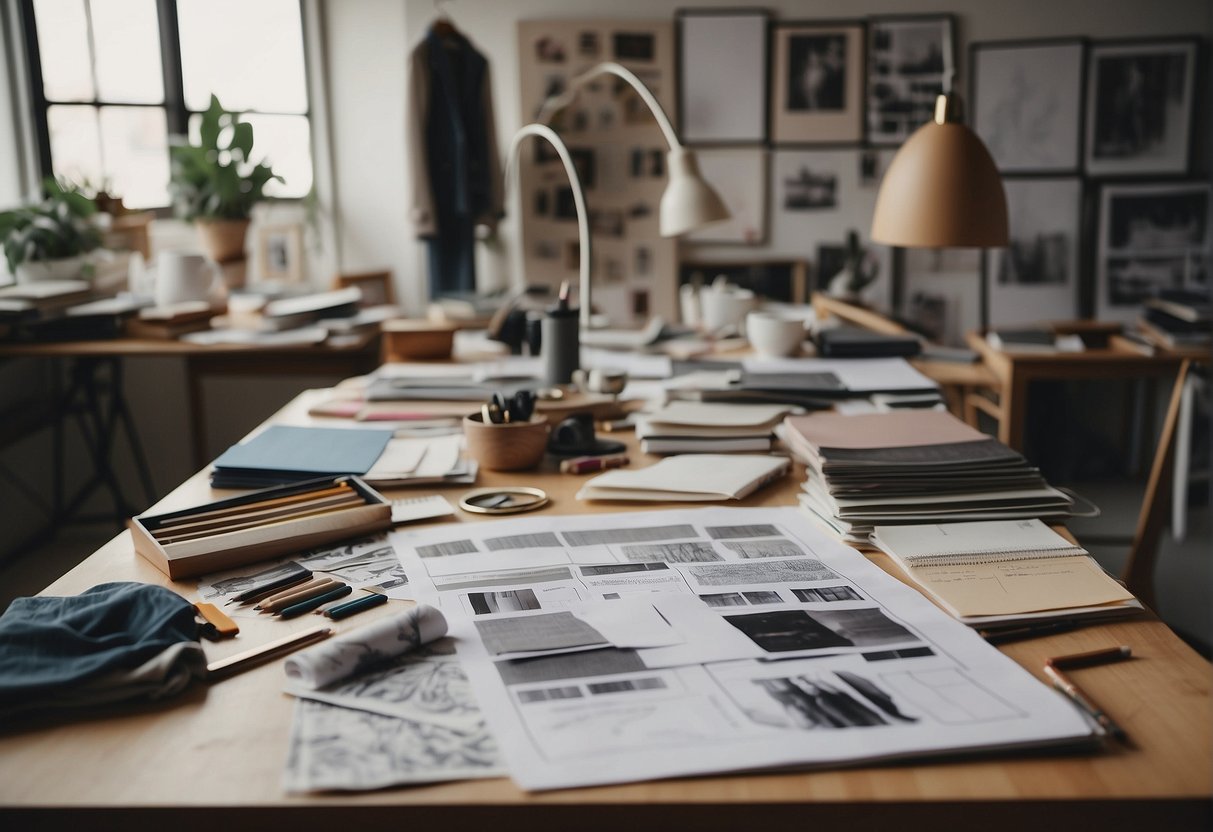 Fashion design sketches lay scattered on a sleek drafting table, surrounded by pencils, fabric swatches, and a mood board. The studio is filled with the buzz of creativity as the designer meticulously brings their vision to life