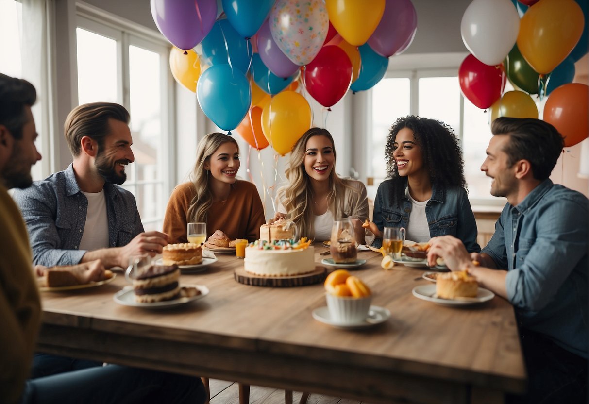 A group of friends gathered around a table with balloons and cake, laughing and taking photos. Gifts and cards are scattered around, adding to the festive atmosphere