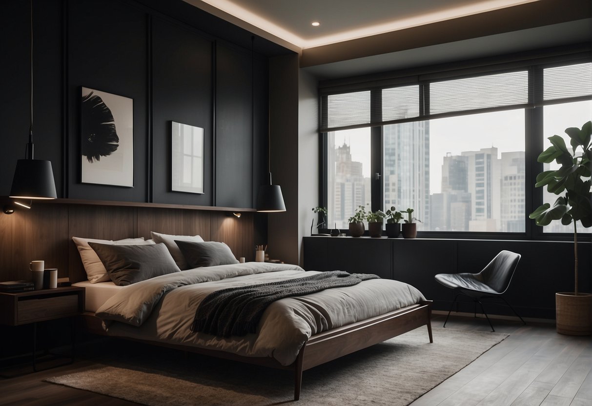 A modern bedroom with dark wood furniture, minimalist decor, and a cozy reading nook by the window. Industrial lighting and a neutral color palette create a masculine and sophisticated atmosphere