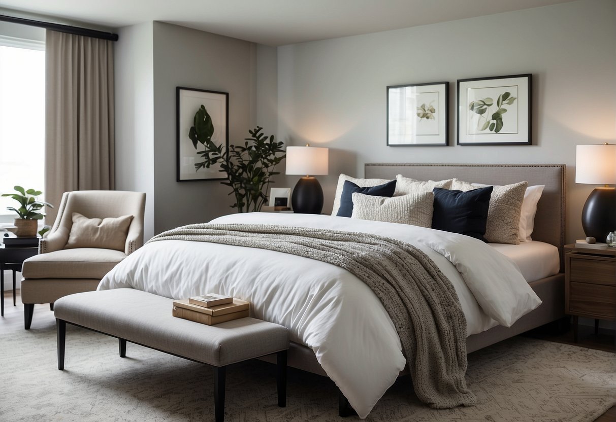 A sleek, modern bedroom with clean lines, neutral colors, and minimalistic furniture. A large, comfortable bed with crisp, white linens and a few carefully chosen decorative accents. A small workspace and a cozy reading nook complete the space