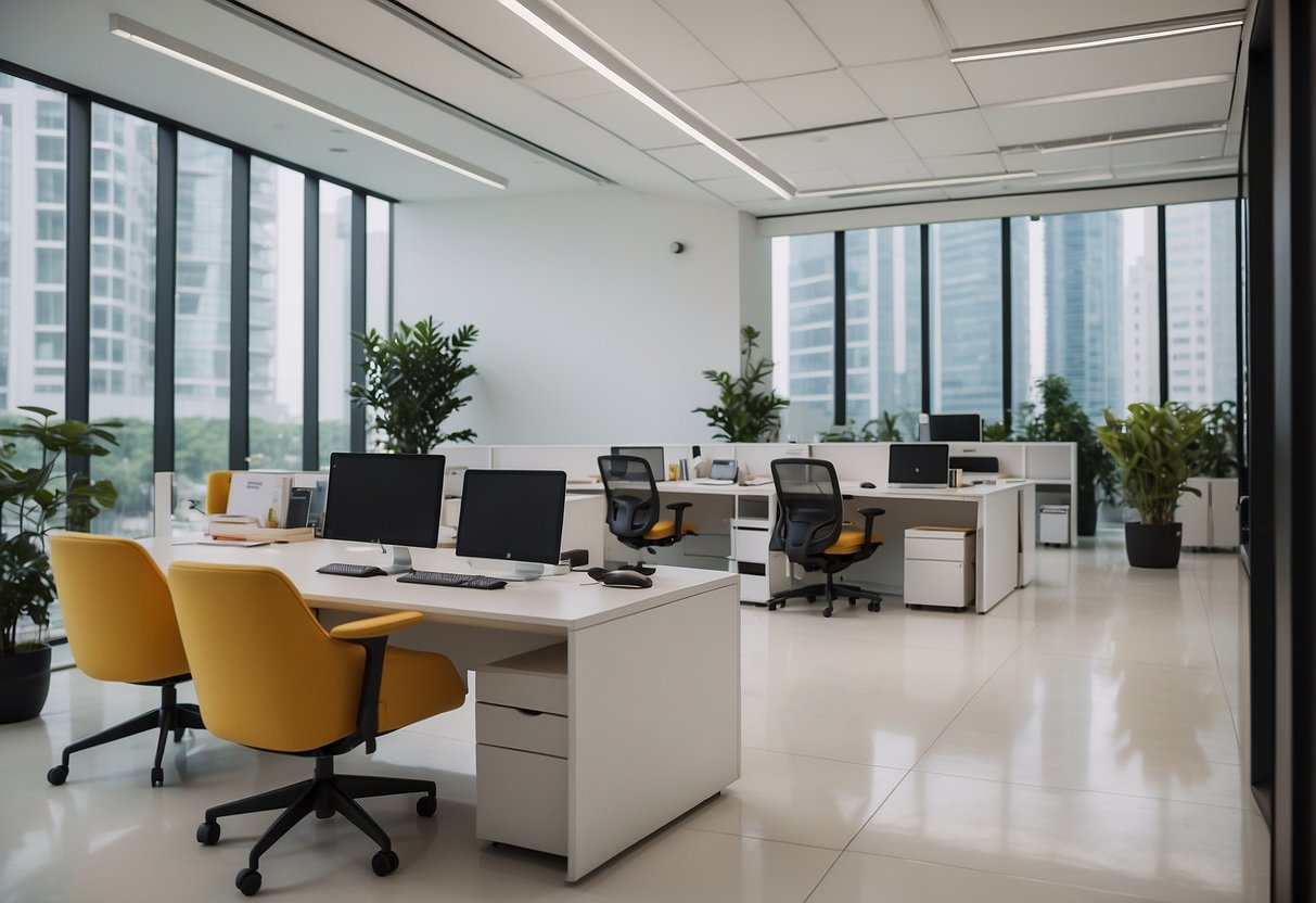A bright, modern office space in Singapore featuring Herman Miller furniture with promotional displays and signage