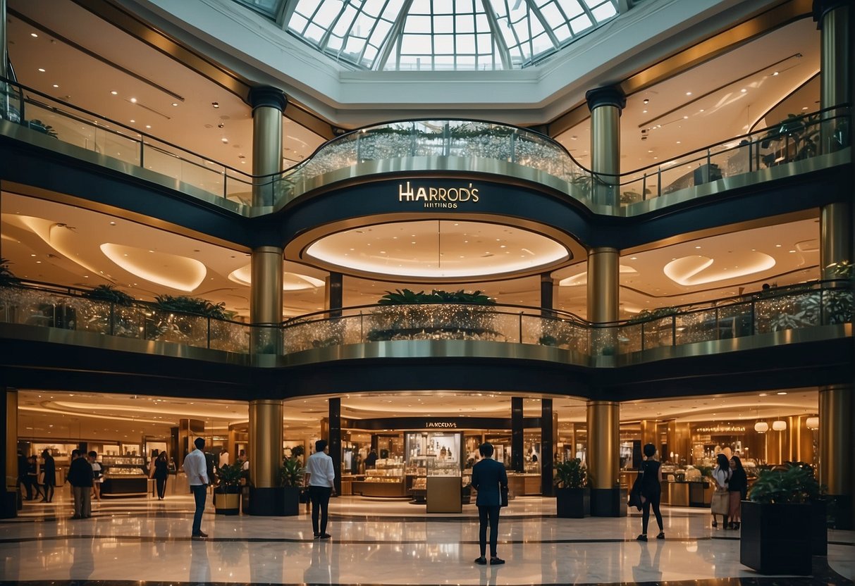 Harrods promotions in Singapore: A vibrant display of luxury products, surrounded by excited shoppers and elegant decor