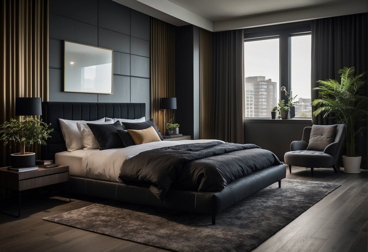 A modern bedroom with masculine decor: dark, rich textiles, clean lines, and minimalistic bedding. A sleek, tailored look with pops of color and texture