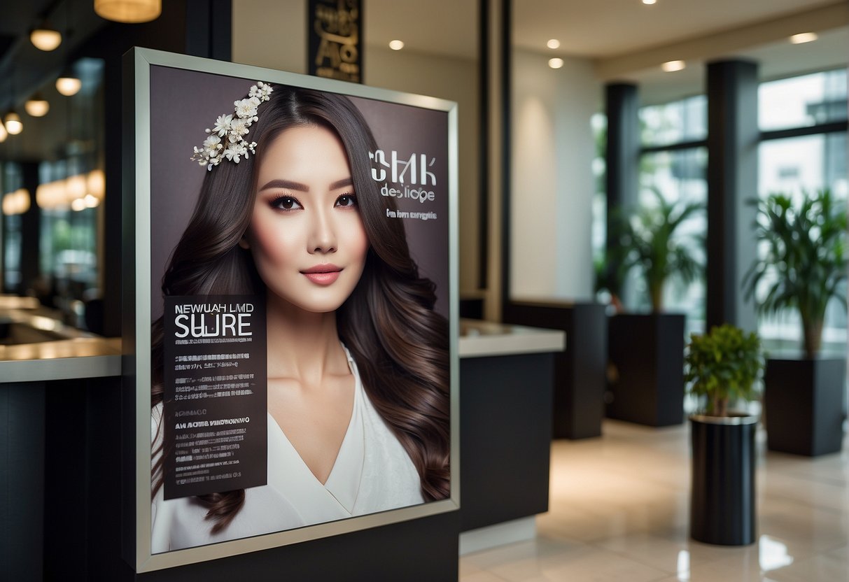 A salon sign advertises hair rebonding promotions in Singapore